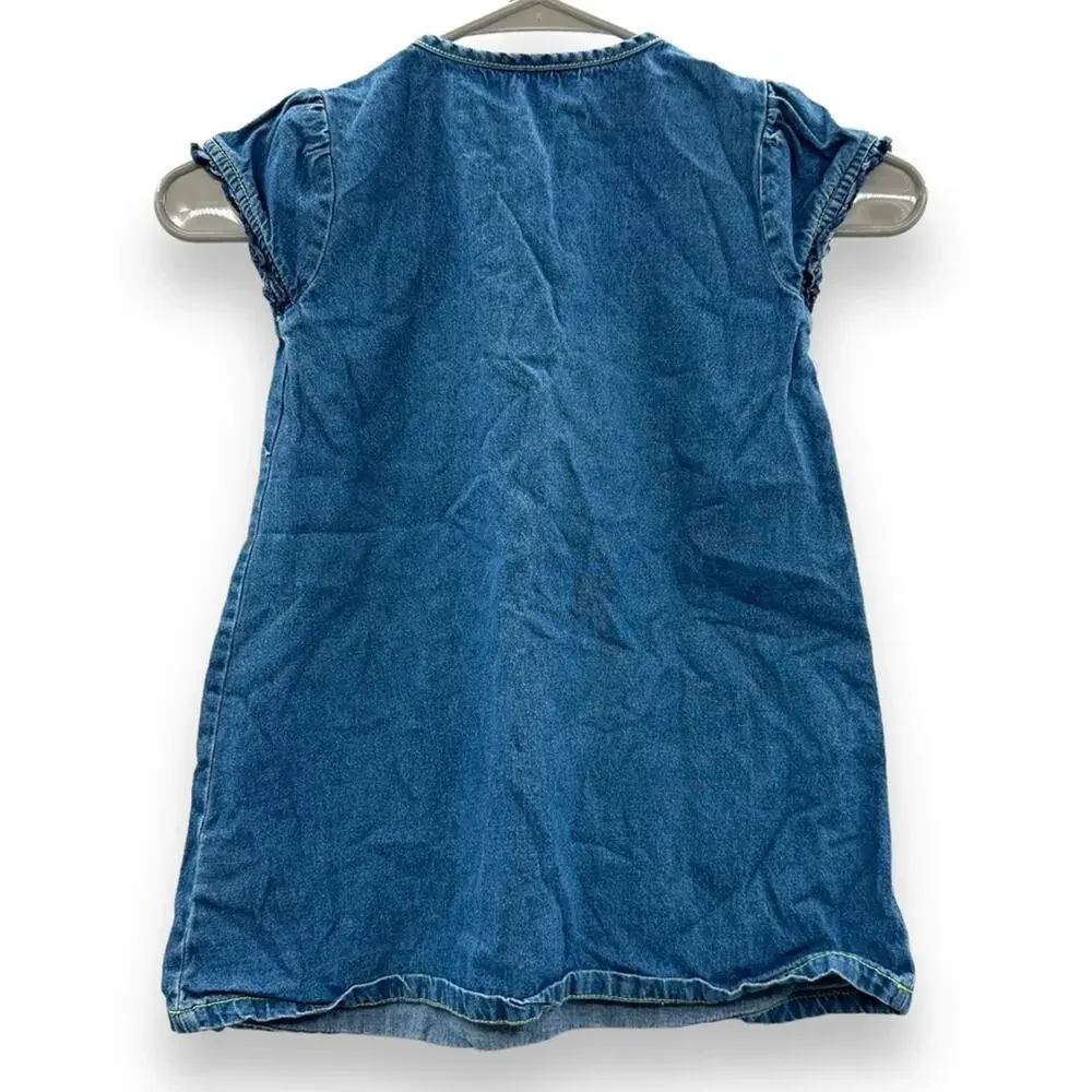 Hanna Andersson Blue Denim Flower Embroidered Short‎ Sleeve Dress Sz 100 (US 4)